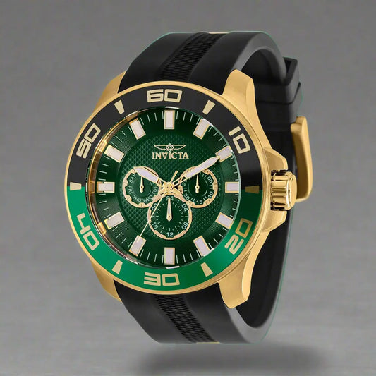 Men’s green dial gold bezel chronograph watch with black rubber strap from Invicta