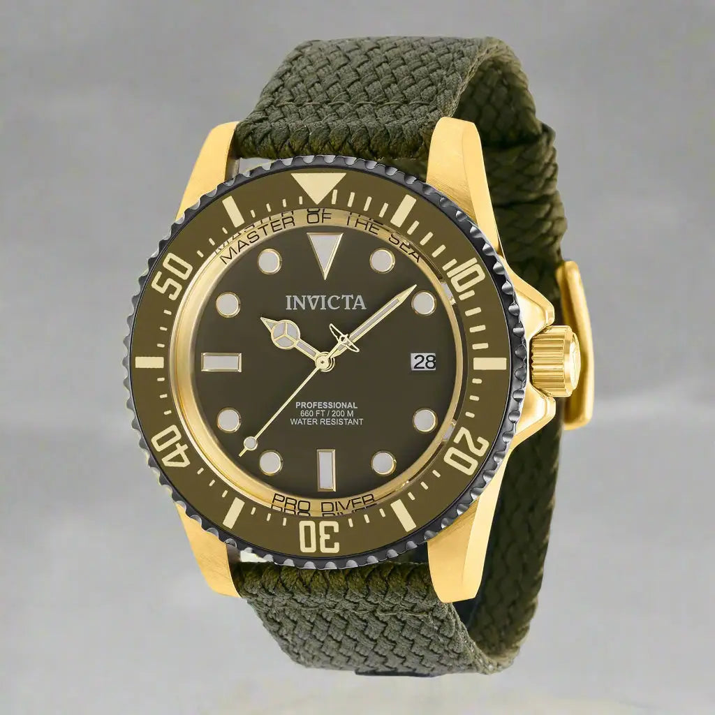Invicta men’s green dial gold tone bezel automatic watch with woven green strap