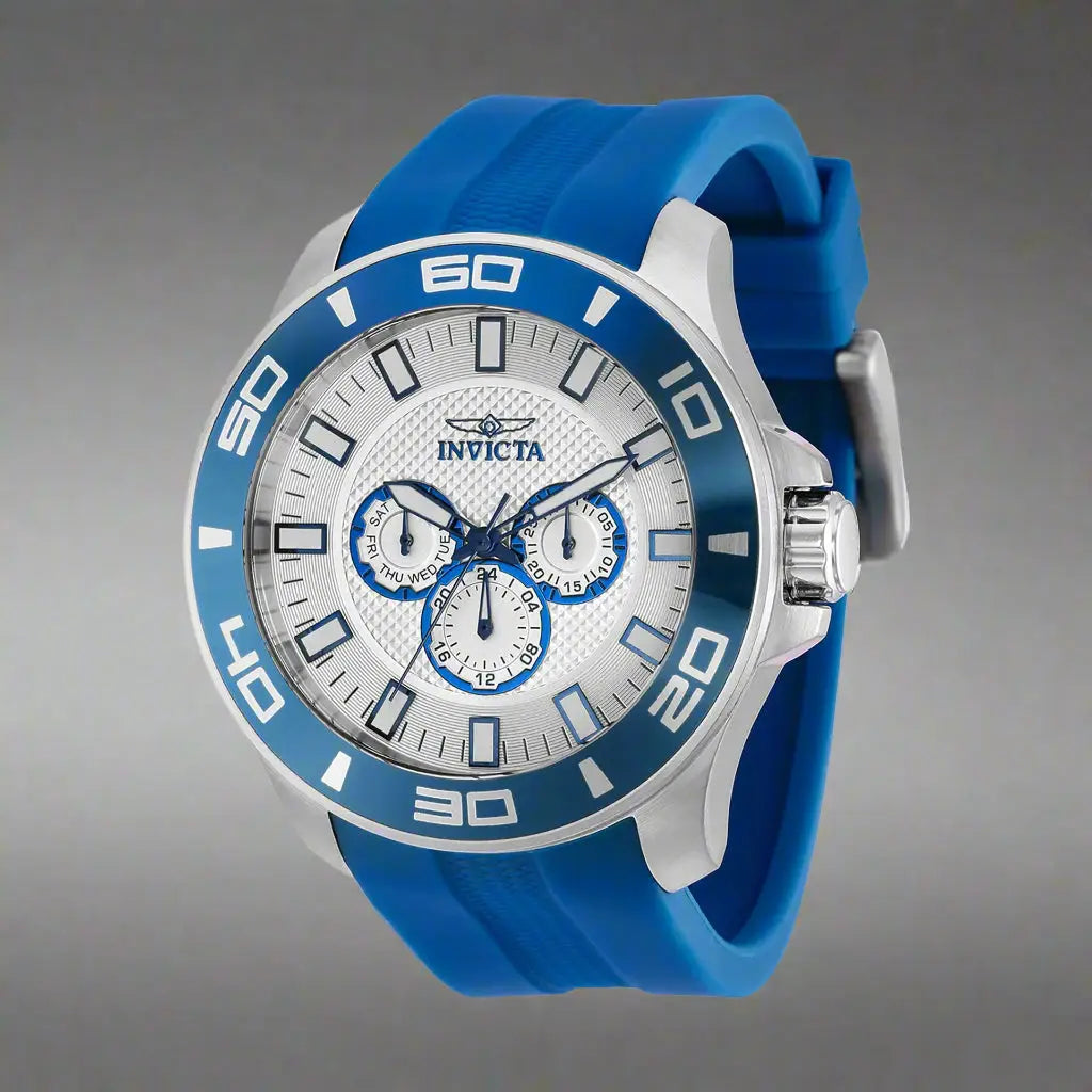 Men’s Invicta chronograph watch with silver case, blue bezel, white dial, and blue strap