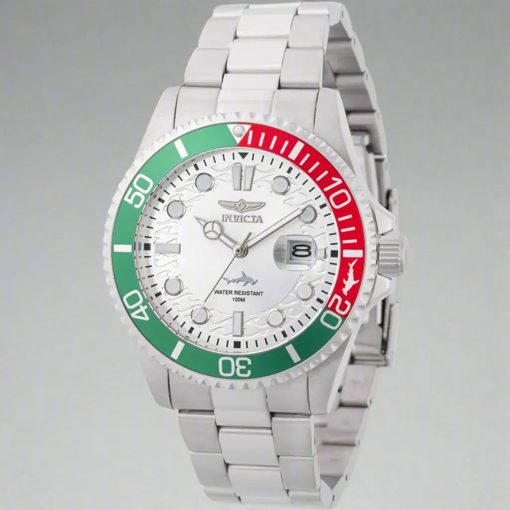 Silver-tone Invicta men’s dive watch with white dial and red green bezel