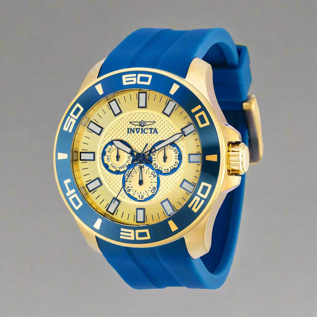 Gold-tone chronograph watch with blue bezel and silicone strap from Invicta men’s yellow dial collection