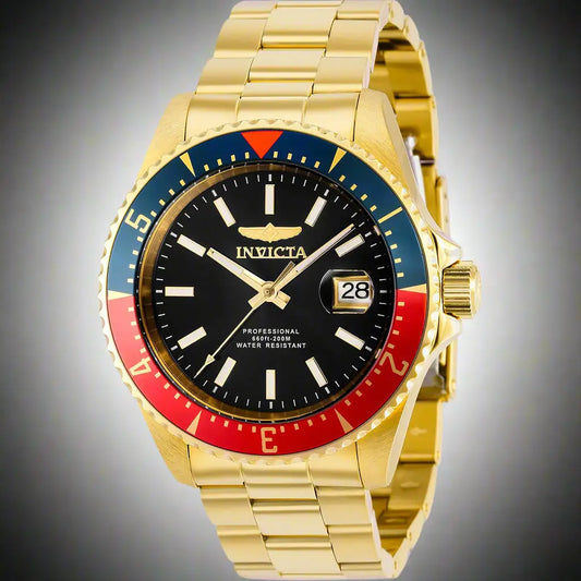 Gold-tone Invicta dive watch with black dial and blue red bezel for men’s automatic watches