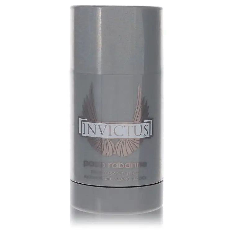 Gray cylindrical Paco Rabanne deodorant stick with Invictus and wing design