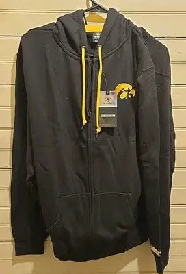 Iowa Hawkeyes black large zip-up hoodie with yellow drawstrings and logo for fans