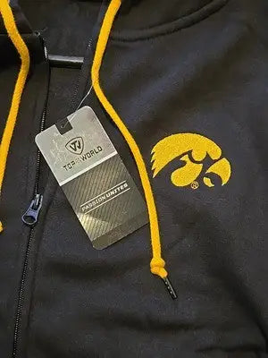 Iowa Hawkeyes black large hoodie with yellow drawstring and embroidered logo