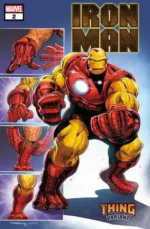 Iron Man in red and gold armor striking a dynamic pose in Iban Coello The Thing Var