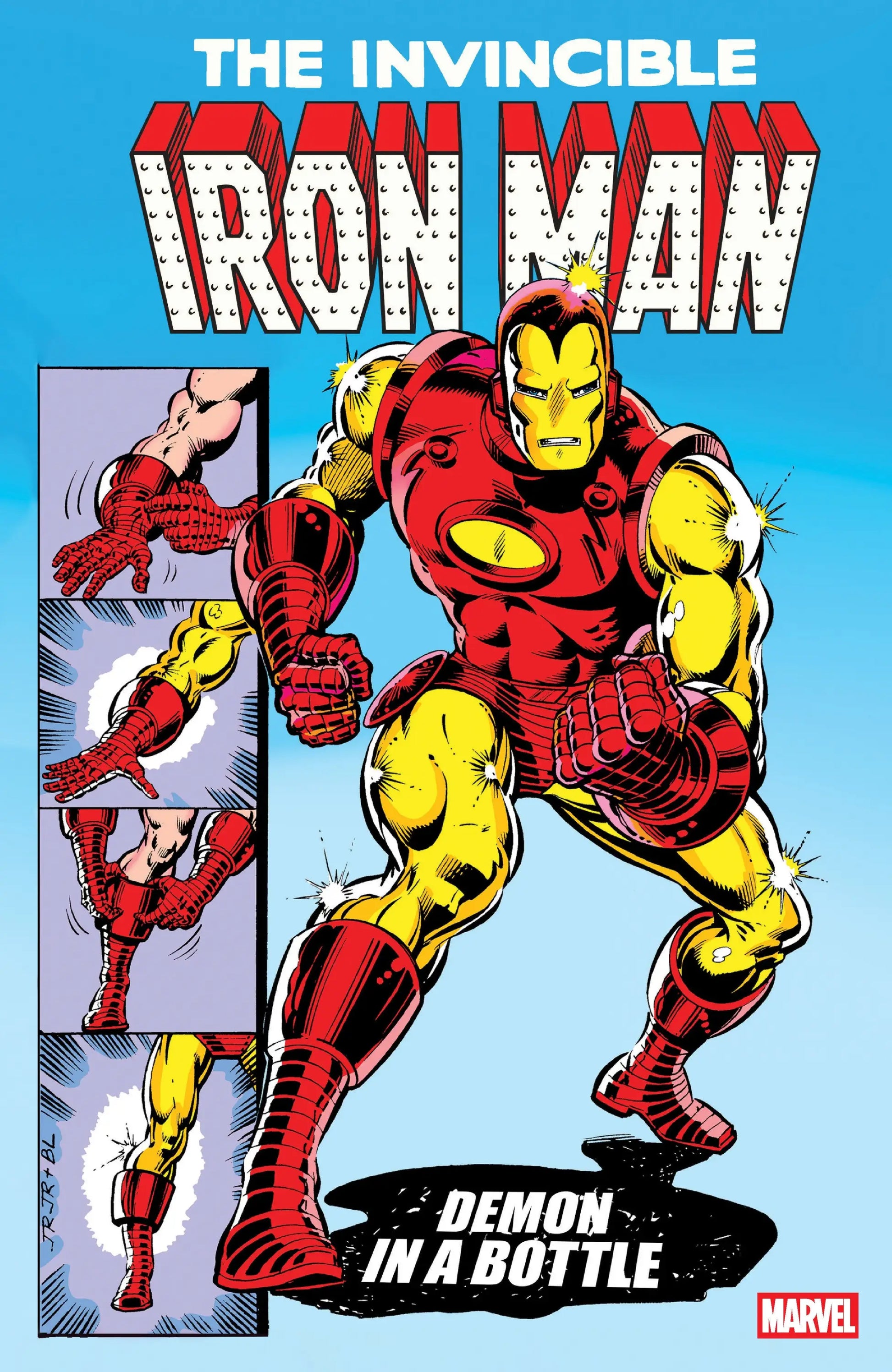 Comic book cover featuring Iron Man in a classic pose from Iron Man Demon in a Bottle New Printing