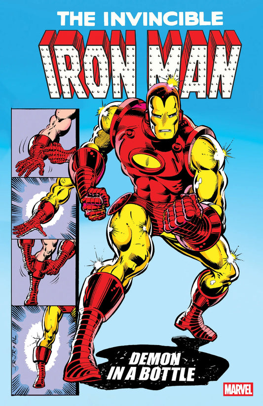 Comic book cover featuring Iron Man in a classic pose from Iron Man Demon in a Bottle New Printing