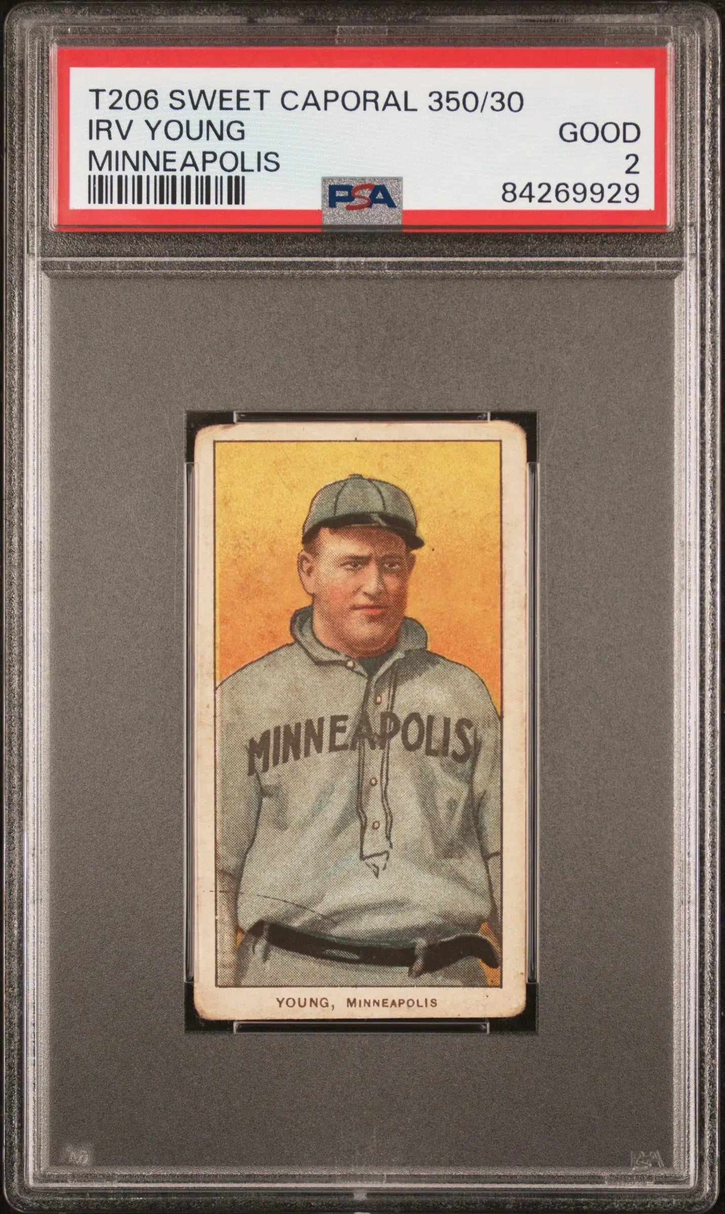PSA-graded T206 Sweet Caporal card of Irv Young in gray uniform from 1909-11