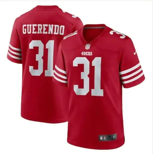 Red San Francisco 49ers Nike Game Jersey with Isaac Guerendo number 31 front view