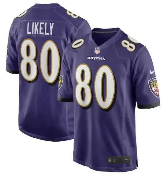 Purple Baltimore Ravens Isaiah Likely NFL jersey with number 80 and Likely on back