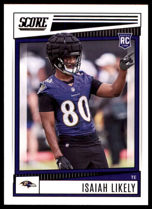 Isaiah Likely football card from 2022 Score Rookie series featuring Baltimore Ravens player