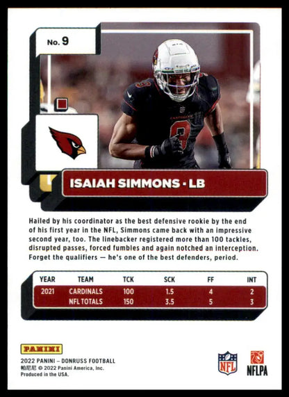 Football card featuring Isaiah Simmons from 2022 Donruss Arizona Cardinals collection