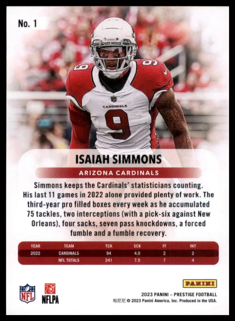 Isaiah Simmons 2023 Panini Prestige Football trading card Arizona Cardinals collectible