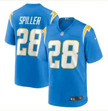 Blue Los Angeles Chargers Isaiah Spiller Nike Game Jersey with 28 on front and back