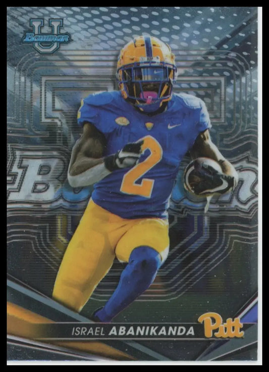 Football trading card of Israel Abanikanda in blue and gold for best university Pittsburgh Panthers