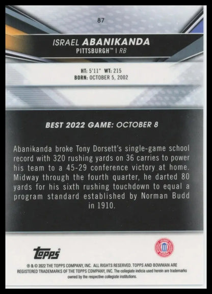 Back of a football trading card featuring Israel Abanikanda from Bowman’s Best University series