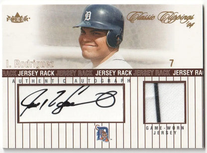 Ivan Rodriguez baseball card from 2004 Fleer Classic Clippings with autograph and jersey