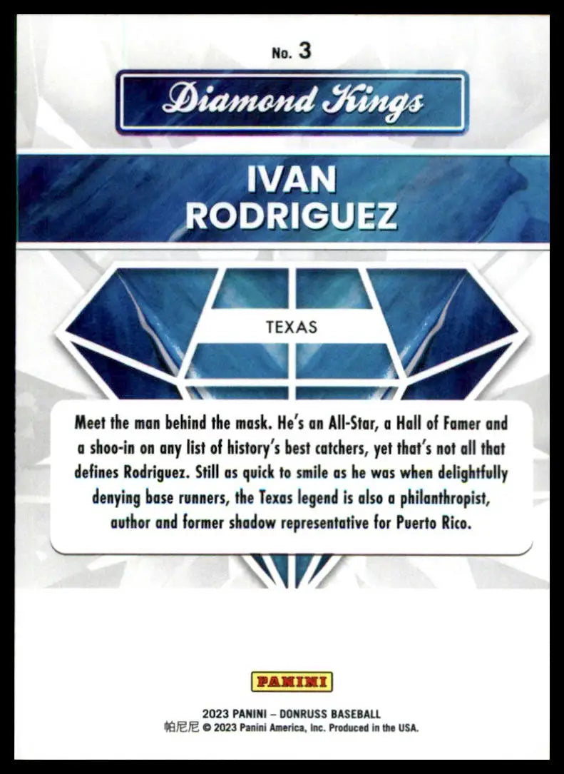Ivan Rodriguez baseball card from the 2023 Donruss Texas Rangers series
