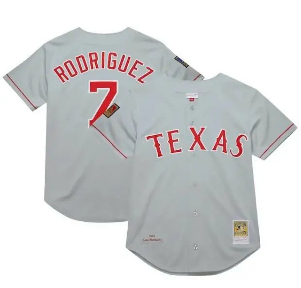 Gray baseball jersey with red lettering from Ivan Rodriguez Texas Rangers 1994 Cooperstown Collection