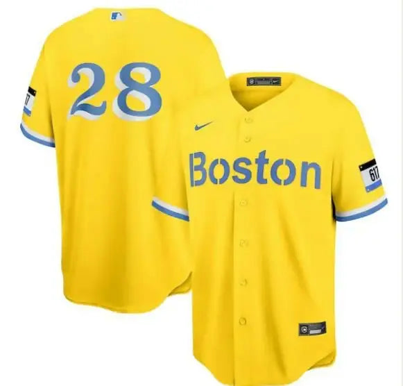 Yellow Boston Red Sox Nike City Connect replica J.D. Martinez jersey on display
