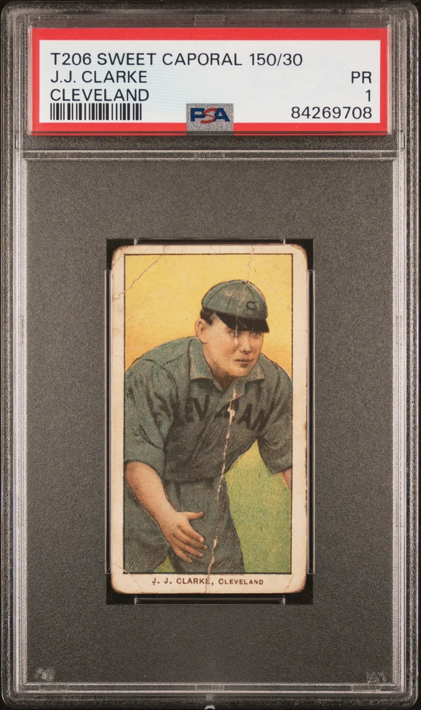 PSA-graded T206 Sweet Caporal baseball card of J.J. Clarke in dark uniform