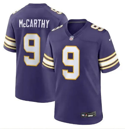 Purple J.J. McCarthy Minnesota Vikings Nike game jersey with white and gold accents