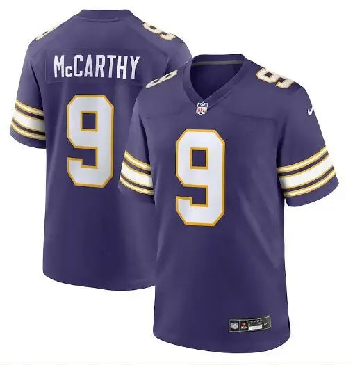 Purple J.J. McCarthy Minnesota Vikings Nike game jersey with white and gold accents