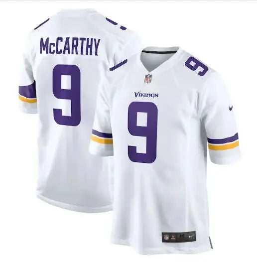 White Minnesota Vikings Nike Game jersey with purple accents for J.J. McCarthy