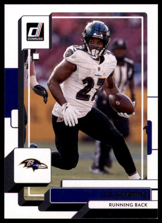 Football card featuring Justice Hill from J.K. Dobbins 2022 Donruss Baltimore Ravens series