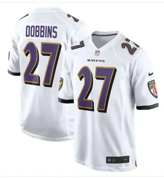 White Baltimore Ravens J.K. Dobbins away game jersey with number 27 on the back