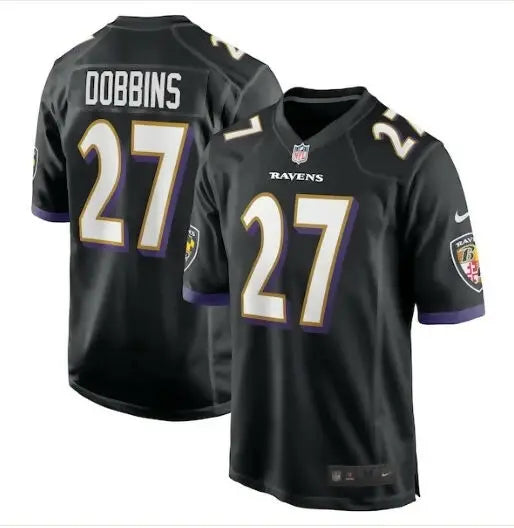 Black J.K. Dobbins Baltimore Ravens Nike Game Jersey on display