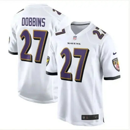 White Baltimore Ravens J.K. Dobbins Nike Game Jersey on display