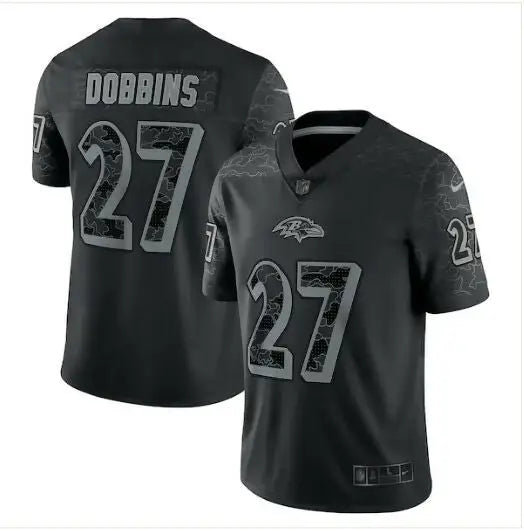 Black J.K. Dobbins Baltimore Ravens Nike RFLCTV Limited Jersey displayed in product image