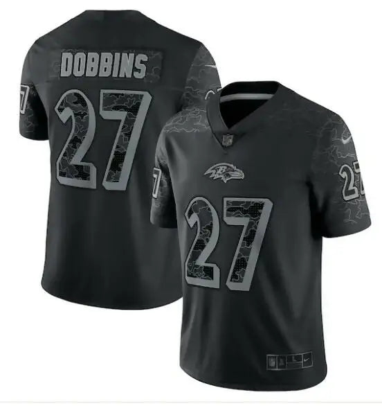 Black Baltimore Ravens J.K. Dobbins football jersey with number 27 and Dobbins on back