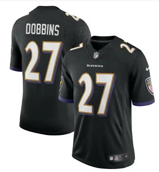 Black Baltimore Ravens J.K. Dobbins Nike Vapor Limited jersey with number 27 on back