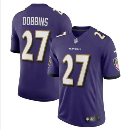 Purple Baltimore Ravens J.K. Dobbins Nike Vapor Limited Jersey displayed