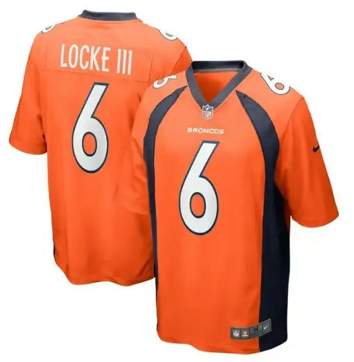 Denver Broncos orange Nike game player jersey with LOCKE III and 6 on the back