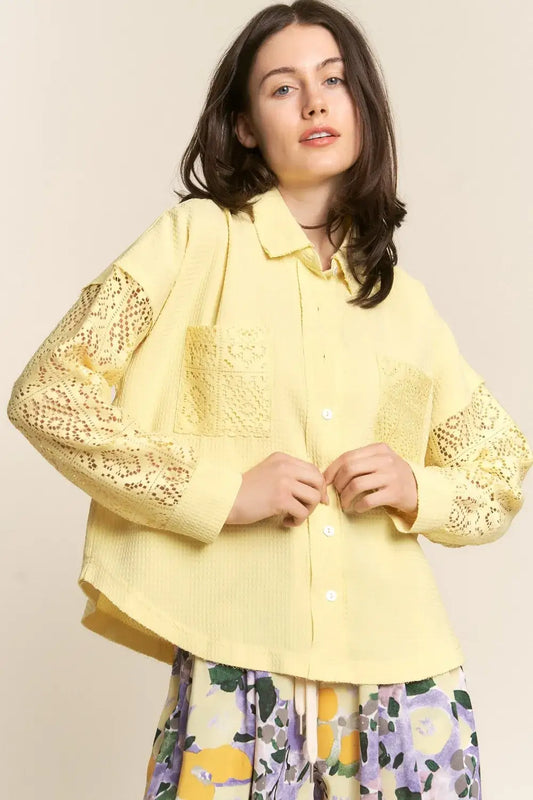 J.NNA Button Down Lace Long Sleeve Waffle Shirt - Yellow / S
