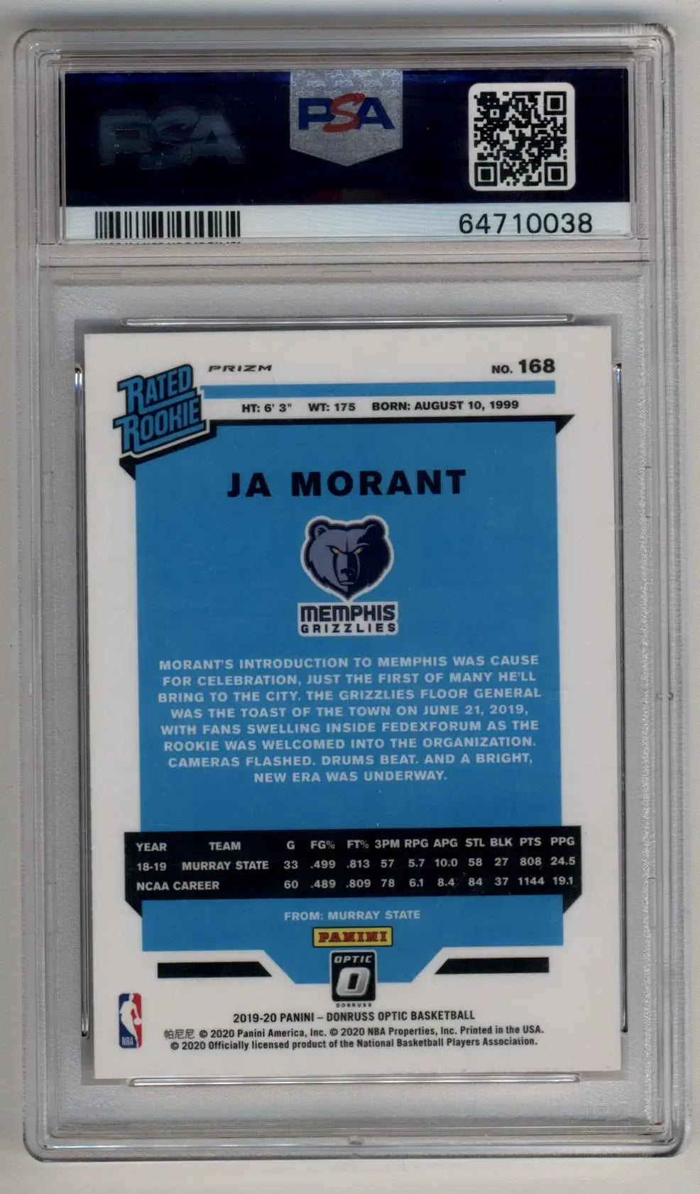 Ja Morant 2019-20 Donruss Optic Hyper Pink #168 Rated Rookie PSA 10 Gem Mint - Singles