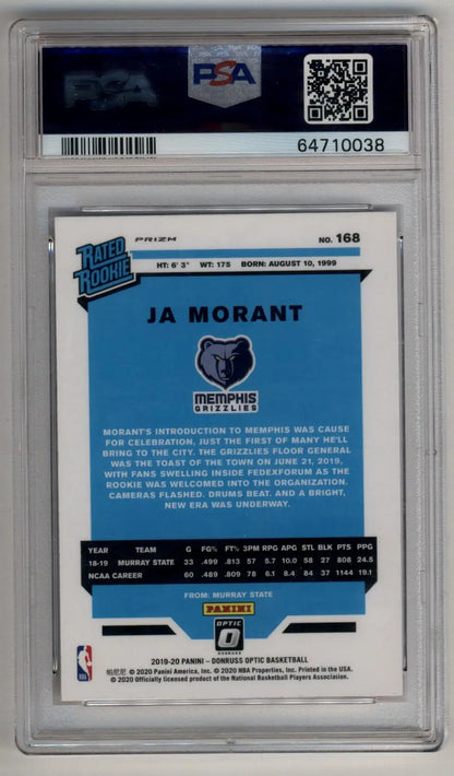 Ja Morant 2019-20 Donruss Optic Hyper Pink #168 Rated Rookie PSA 10 Gem Mint - Singles