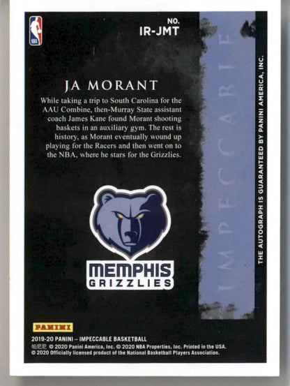 Memphis Grizzlies NBA team logo trading card featuring Impeccable Rookie Signatures design