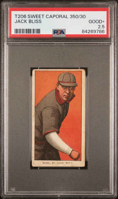 PSA-graded T206 Sweet Caporal Jack Bliss baseball card in gray uniform with orange background