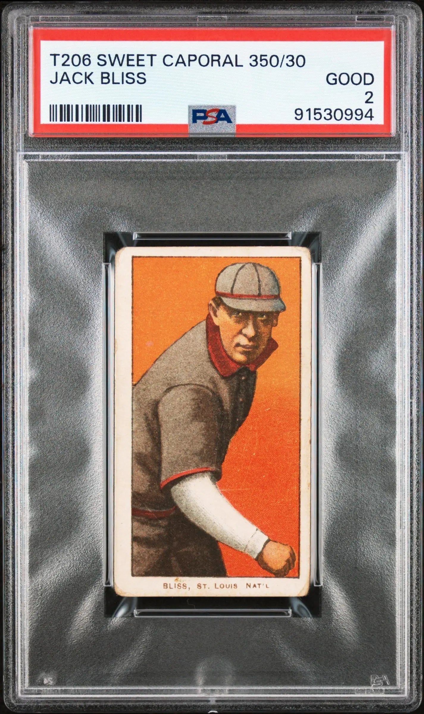 PSA-graded T206 Sweet Caporal card of Jack Bliss in gray uniform against orange background