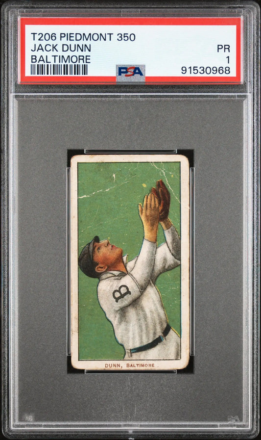 PSA-graded T206 Piedmont 350 Jack Dunn Baltimore baseball card depicting a player catching