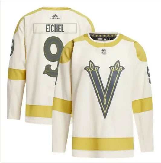 Cream and gold long-sleeved hockey jerseys featuring Jack Eichel Vegas Golden Knights design