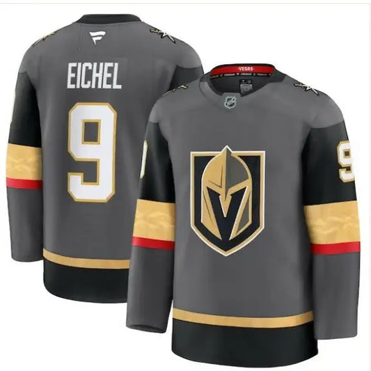 Grey and gold Jack Eichel Vegas Golden Knights alternate jersey with knight’s helmet logo
