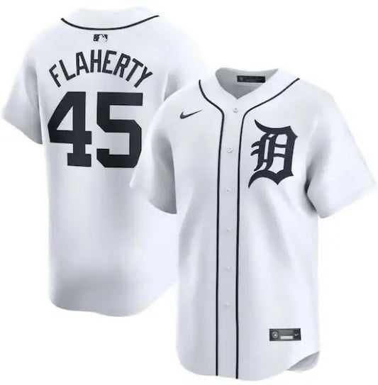 White Detroit Tigers baseball jersey featuring Jack Flaherty Nike Home Limited Player Jersey
