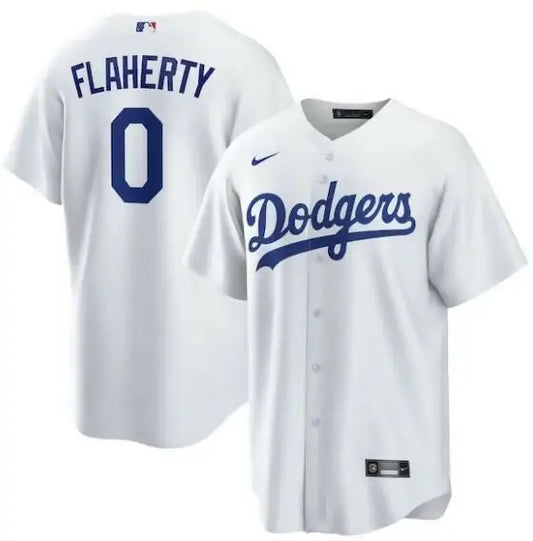 White Dodgers baseball jersey featuring Jack Flaherty Nike Los Angeles Dodgers replica design
