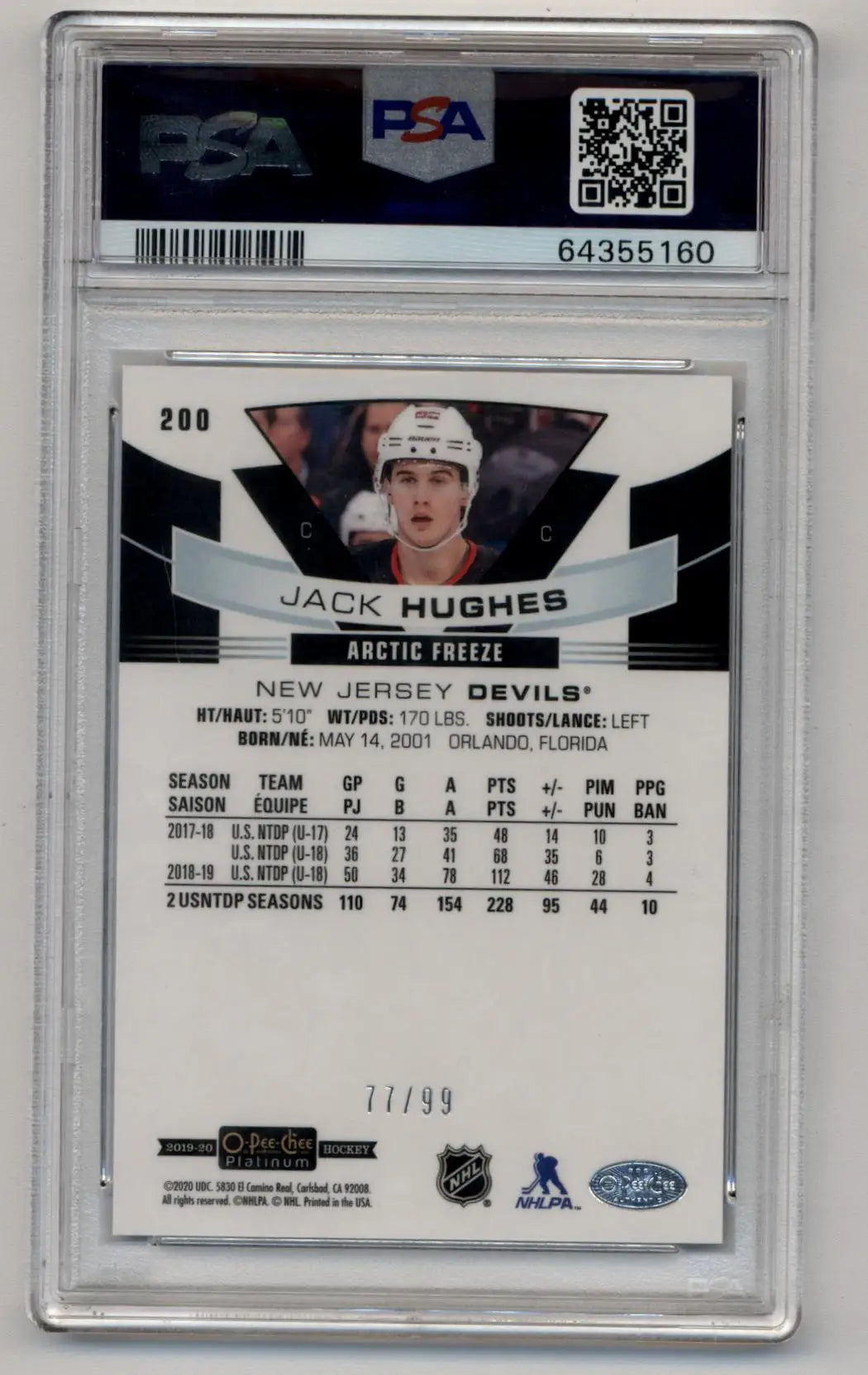 Jack Hughes 2019-20 O-Pee-Chee Platinum #200 Artic Freeze 77/99 PSA 10 Gem Mint - Singles
